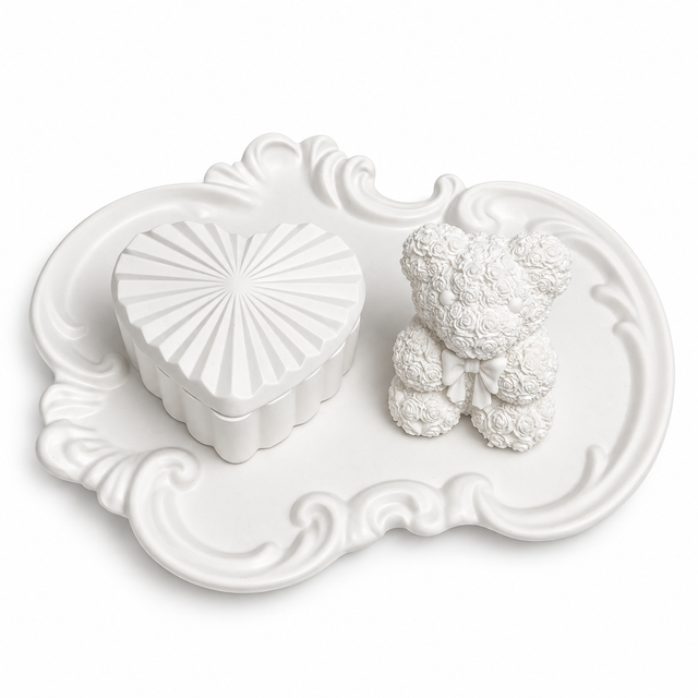 Ornate Tray, Heart Box & Rose Teddy — White Gypsum