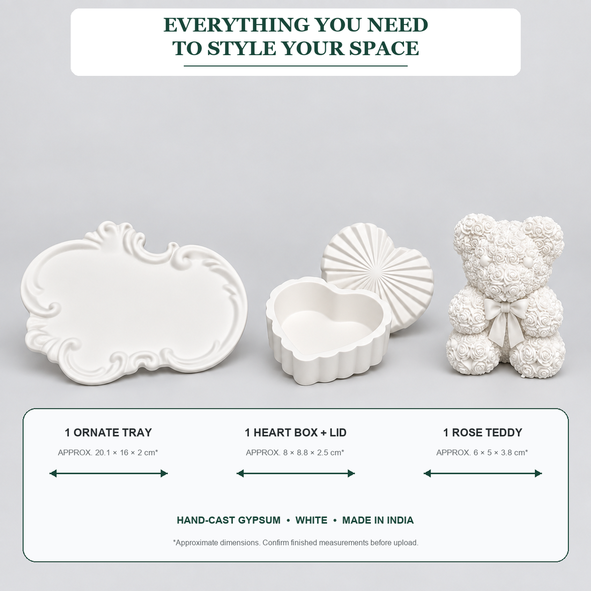 What is included and approximate sizes for Ornate Tray, Heart Box & Rose Teddy — White Gypsum