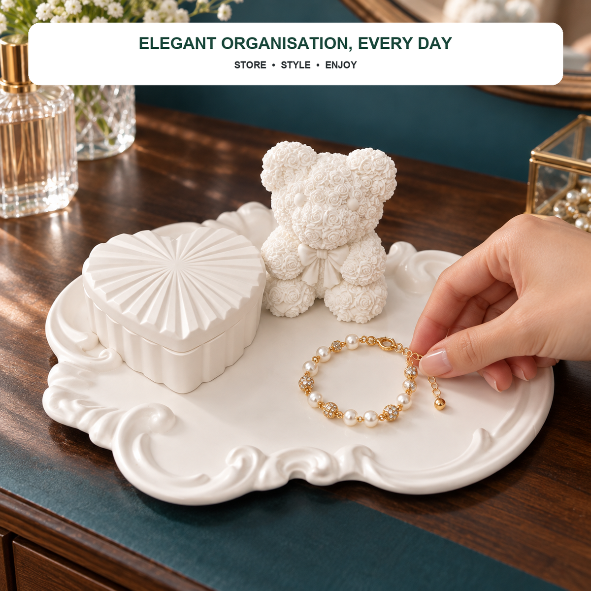 Ornate Tray, Heart Box & Rose Teddy — White Gypsum shown in everyday use