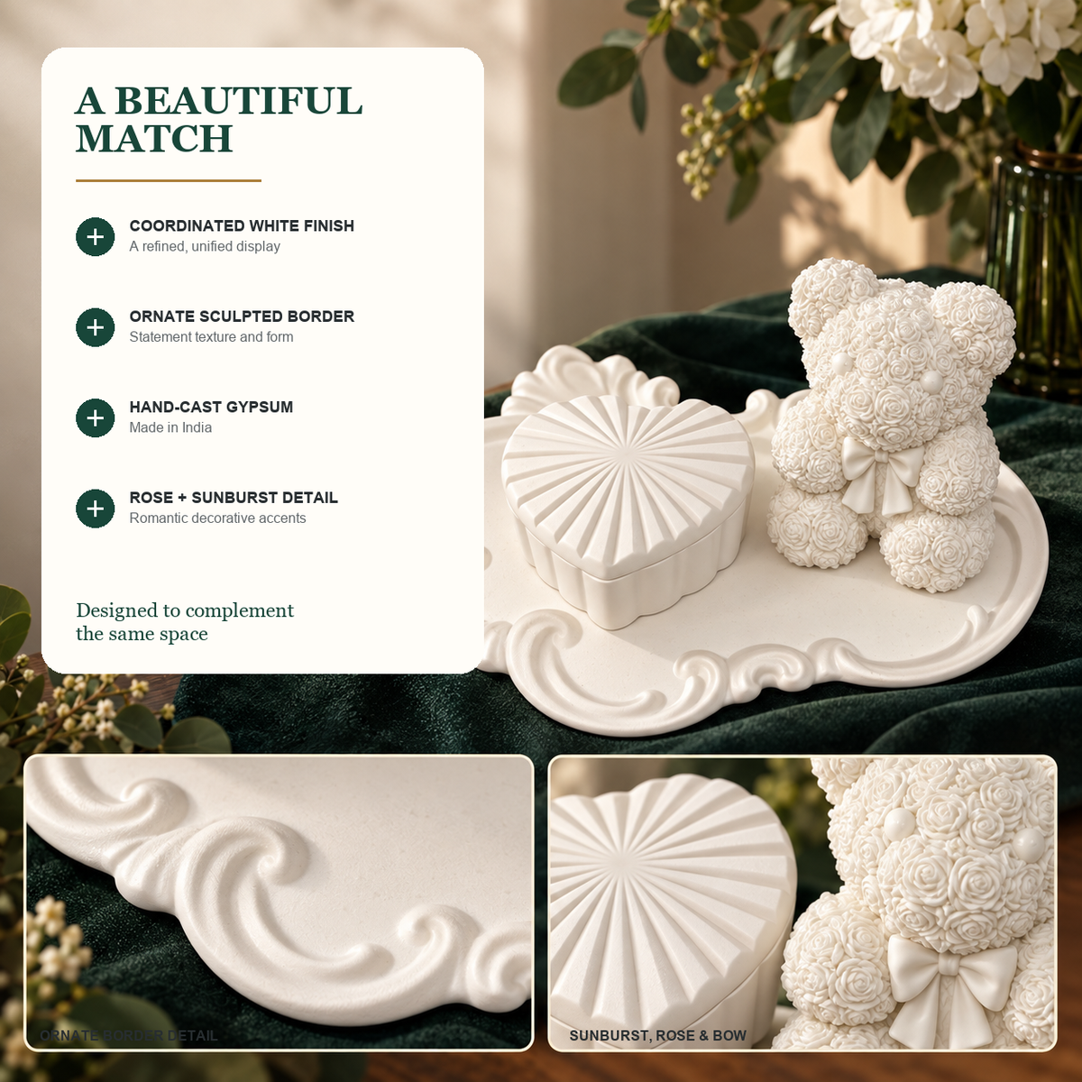 Features and benefits of Ornate Tray, Heart Box & Rose Teddy — White Gypsum