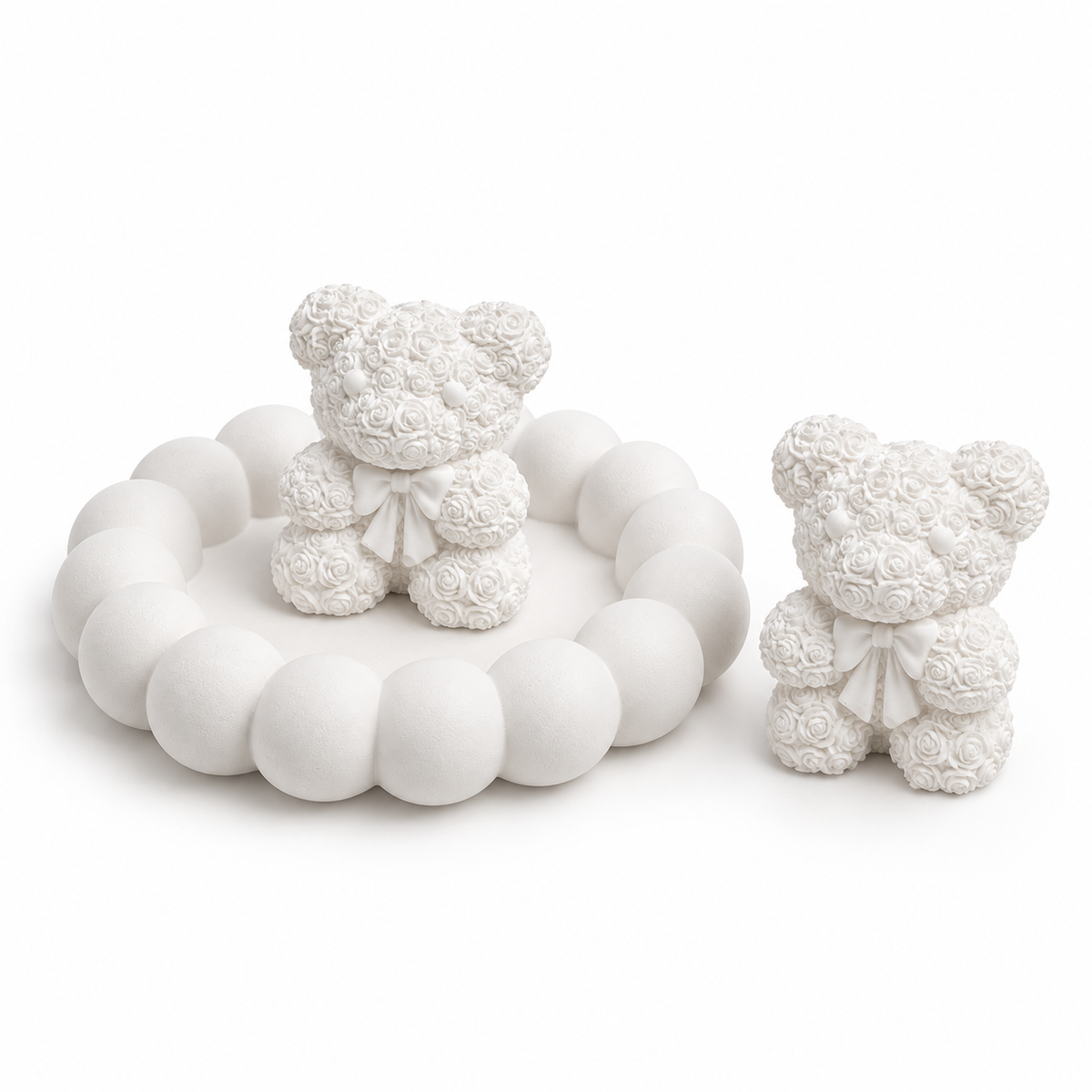 Bubble Tray with 2 Rose Teddy Figurines — White Gypsum on a clean white background