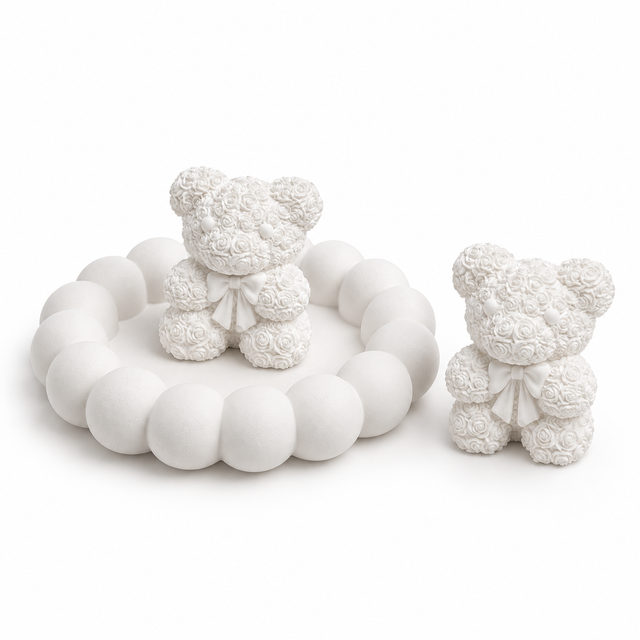 Bubble Tray with 2 Rose Teddy Figurines — White Gypsum
