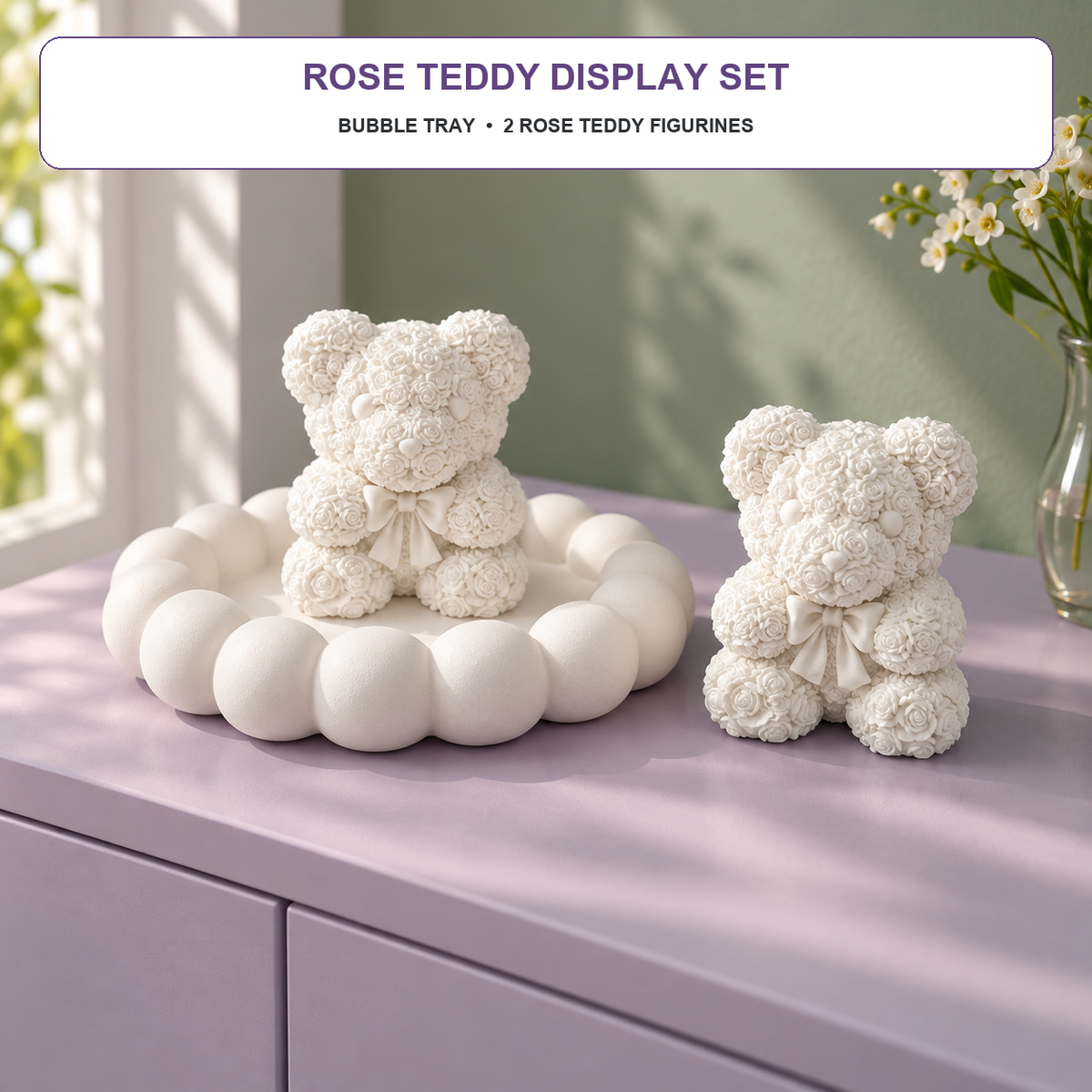 Bubble Tray with 2 Rose Teddy Figurines — White Gypsum styled in a modern home