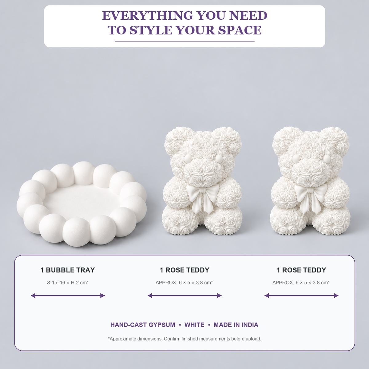 What is included and approximate sizes for Bubble Tray with 2 Rose Teddy Figurines — White Gypsum