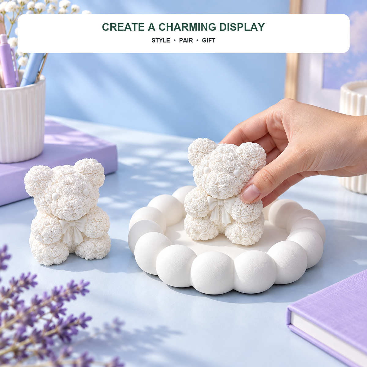 Bubble Tray with 2 Rose Teddy Figurines — White Gypsum shown in everyday use