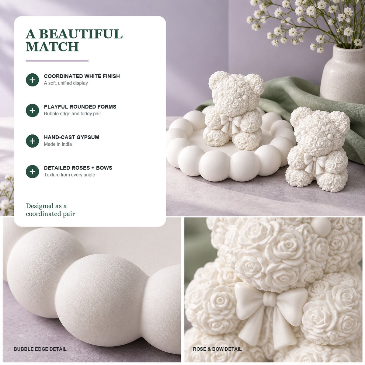 Features and benefits of Bubble Tray with 2 Rose Teddy Figurines — White Gypsum
