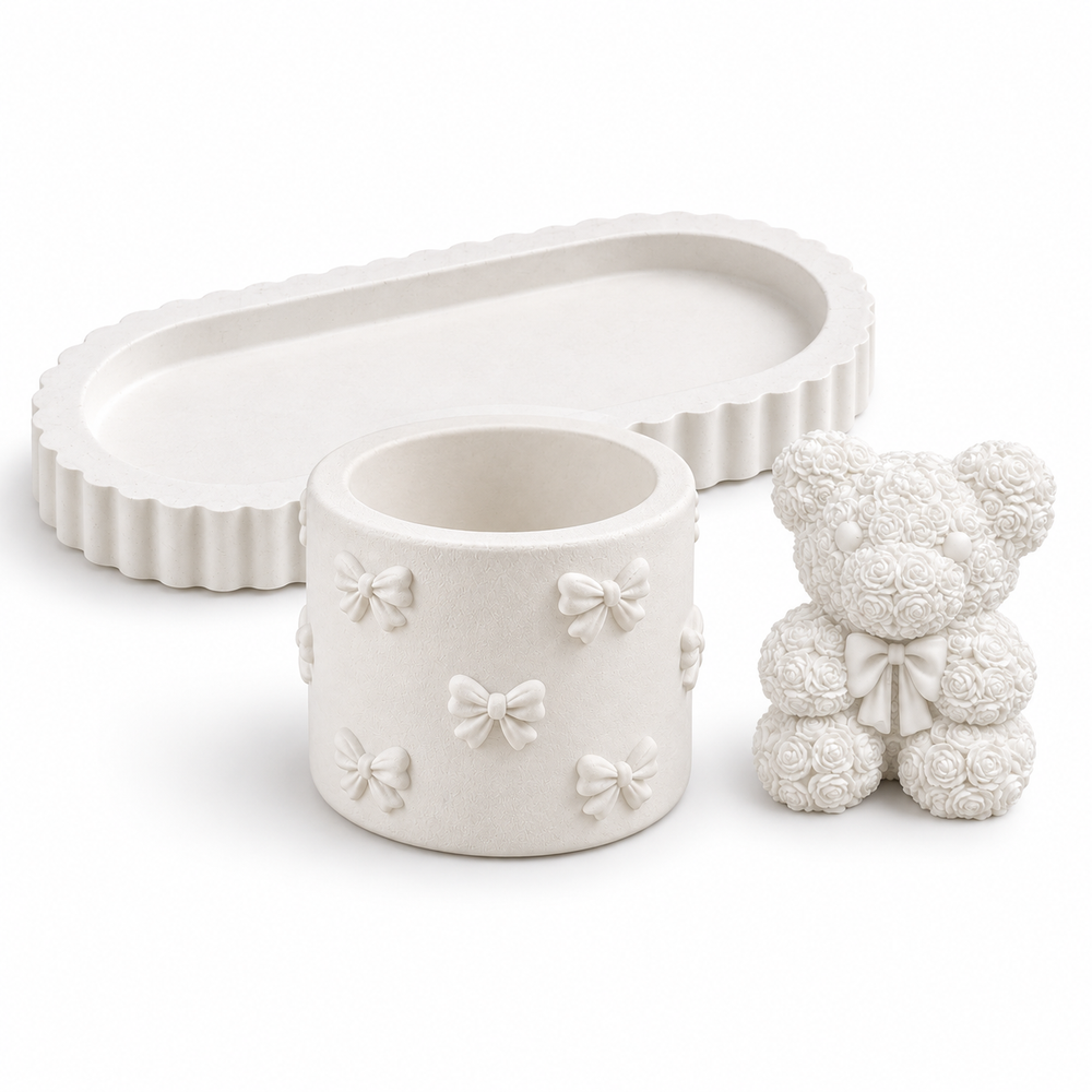 Oval Tray, Bow Holder & Rose Teddy — White Gypsum on a clean white background