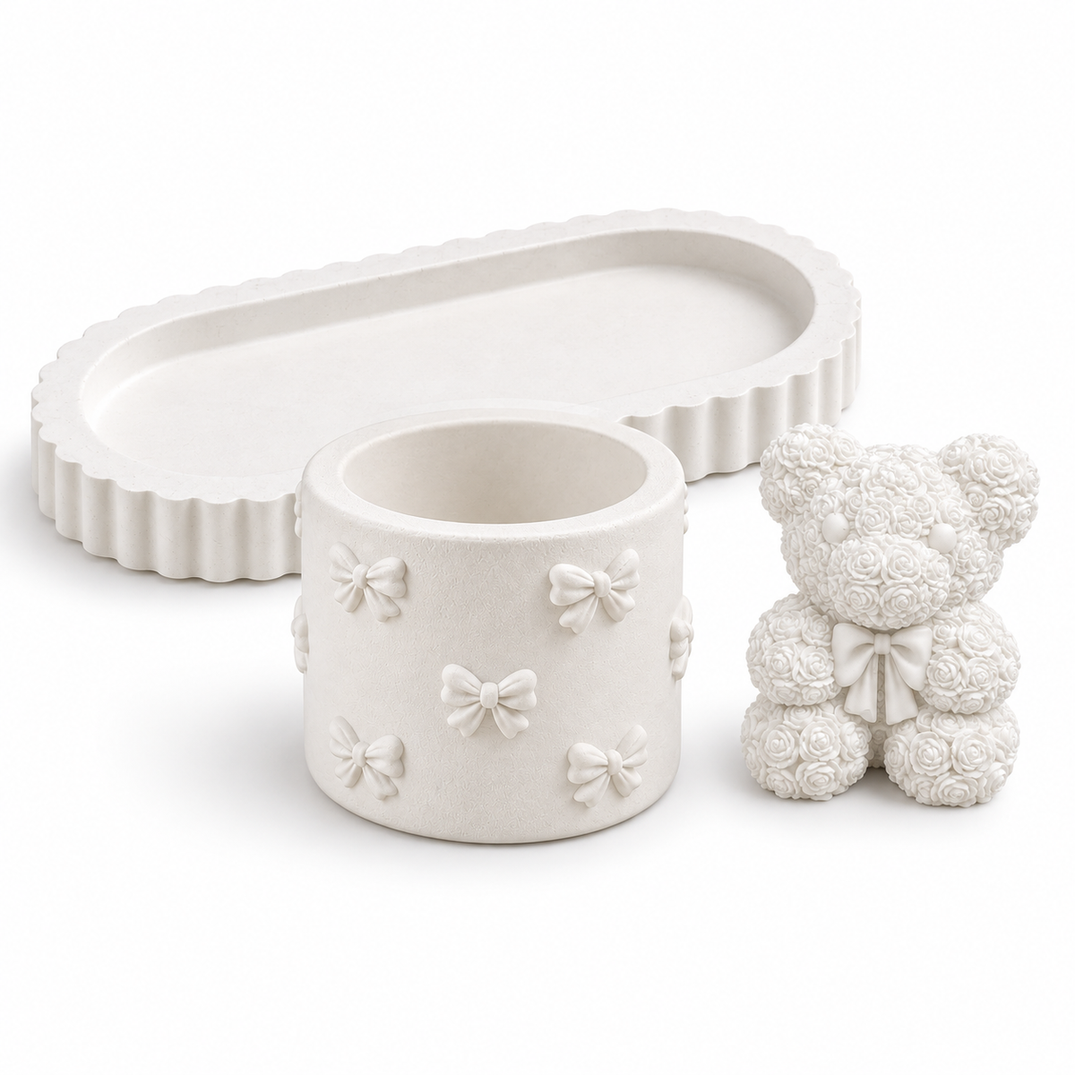 Oval Tray, Bow Holder & Rose Teddy — White Gypsum on a clean white background