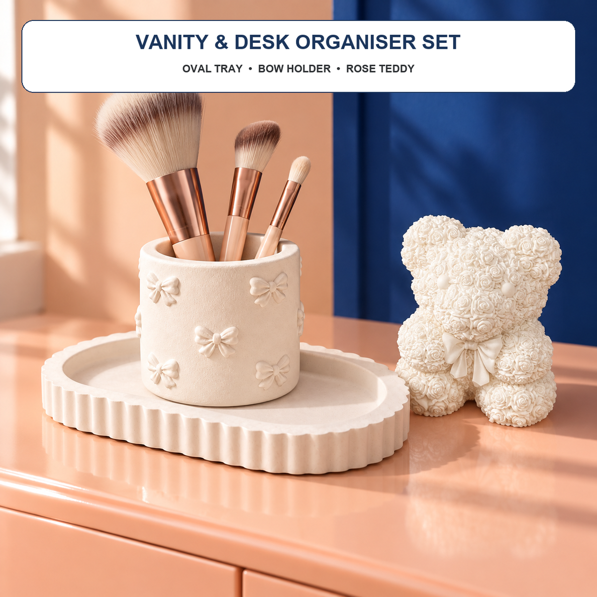 Oval Tray, Bow Holder & Rose Teddy — White Gypsum styled in a modern home