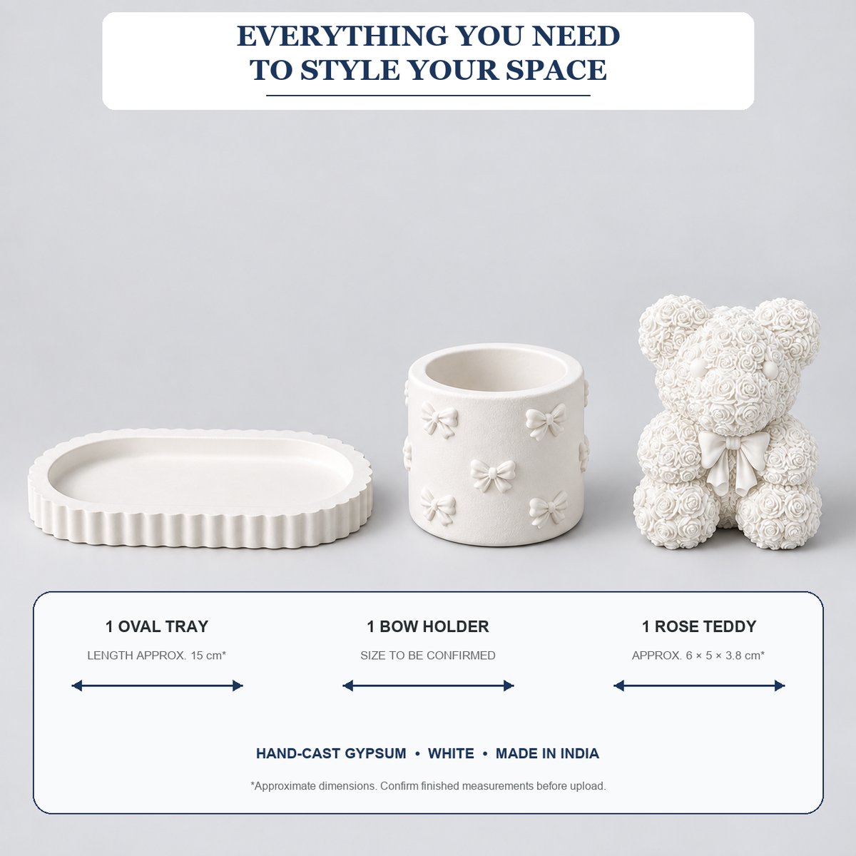 What is included and approximate sizes for Oval Tray, Bow Holder & Rose Teddy — White Gypsum