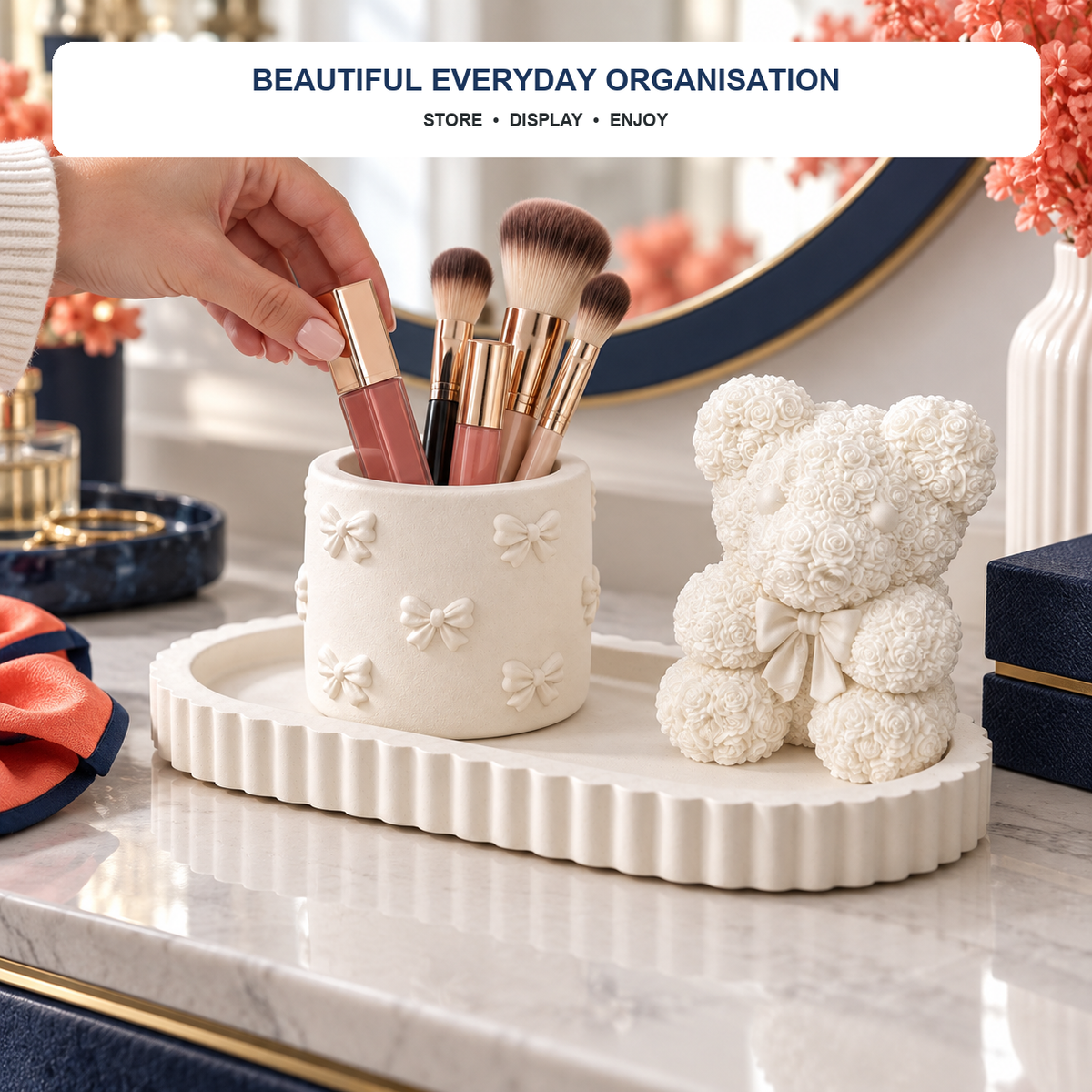 Oval Tray, Bow Holder & Rose Teddy — White Gypsum shown in everyday use