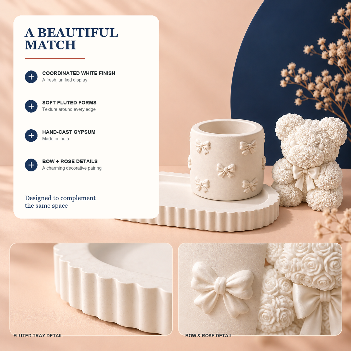 Features and benefits of Oval Tray, Bow Holder & Rose Teddy — White Gypsum