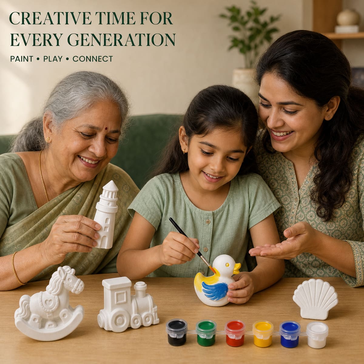8 Piece Gift Box in use — three generations painting together