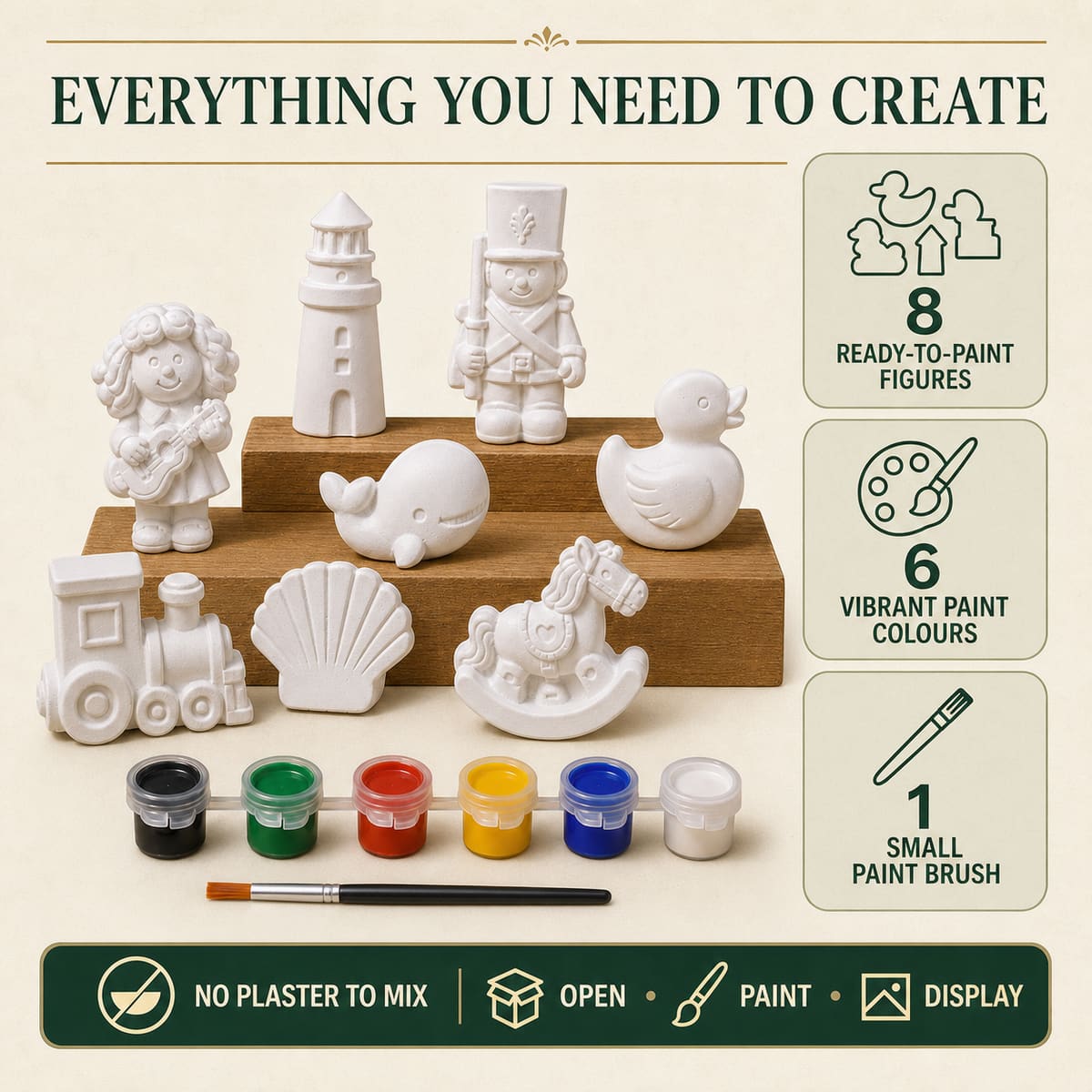 8 Piece Gift Box — contents laid out, figures with 6 paint colours and a brush