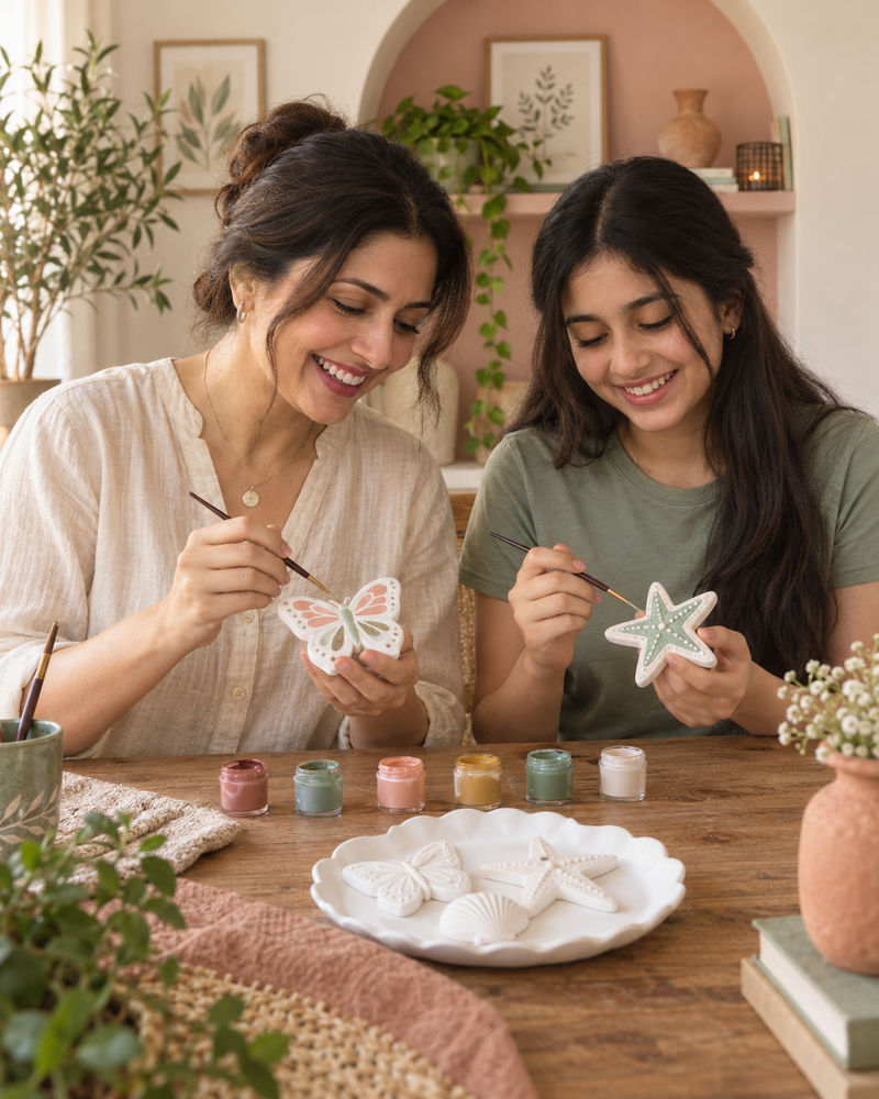 Lifestyle inspiration: a parent and teenager painting plaster figures together