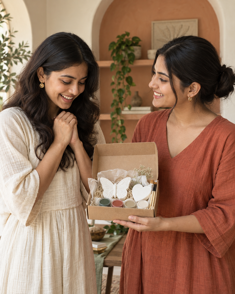 Lifestyle inspiration: friends sharing a creative painting gift