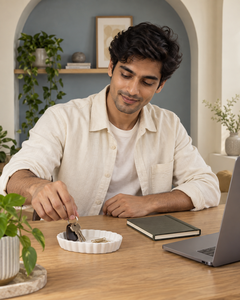 Lifestyle inspiration: arranging keys in a white tray on a desk