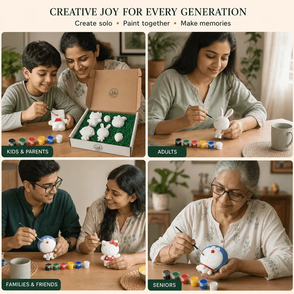 MoldMagik DIY plaster painting kit in use — families, adults and older adults painting together.