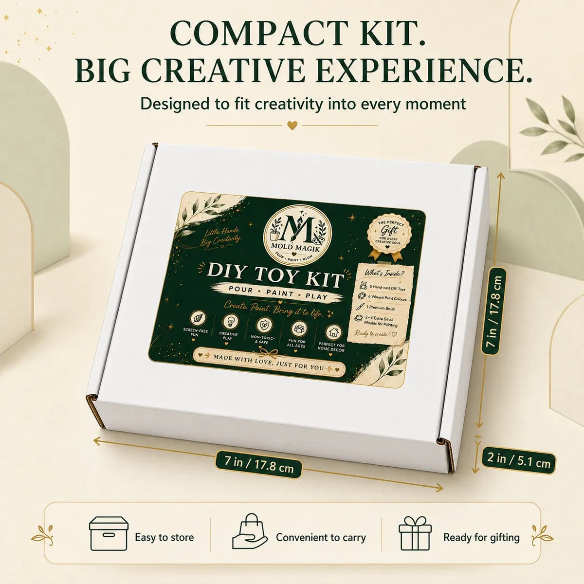MoldMagik DIY plaster painting craft kit box with its printed details, on a plain background.