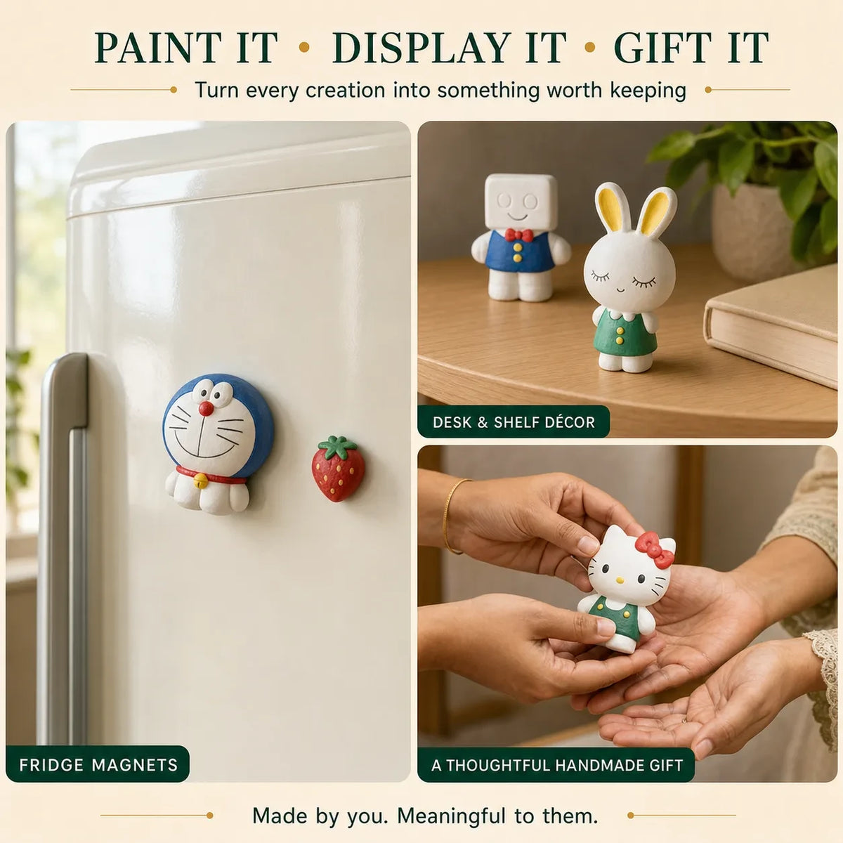 MoldMagik DIY plaster painting kit — painted plaster figures shown as desk decor.