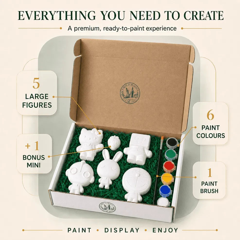 MoldMagik DIY plaster painting kit with 5 plaster figures, 1 bonus mini, 6 paint colours and a brush in a box.
