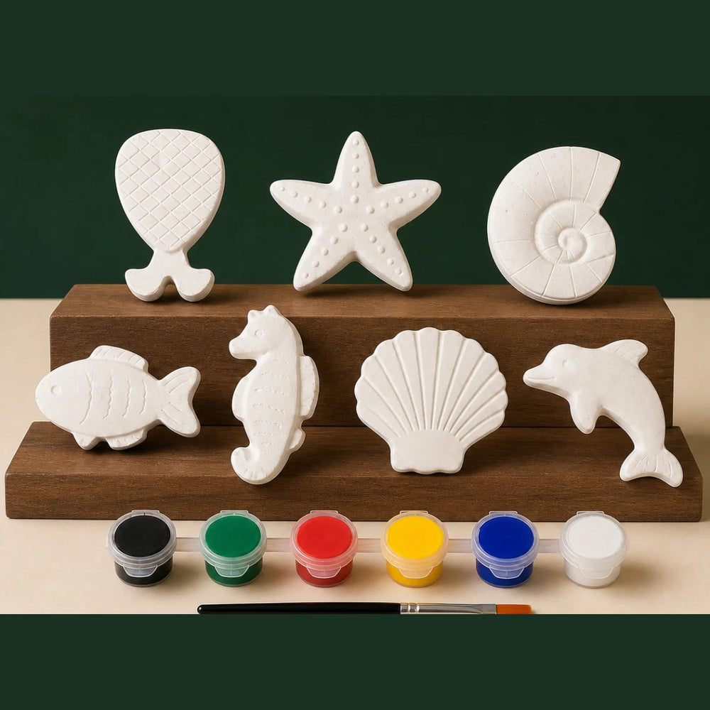 Ocean 7-Figure DIY plaster of paris painting kit for kids — unpainted pieces with six paint colours and a brush
