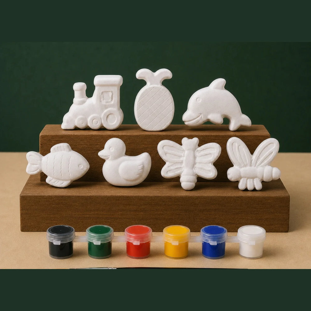 Mixed Theme 7-Figure DIY plaster of paris painting kit for kids — unpainted pieces with six paint colours and a brush