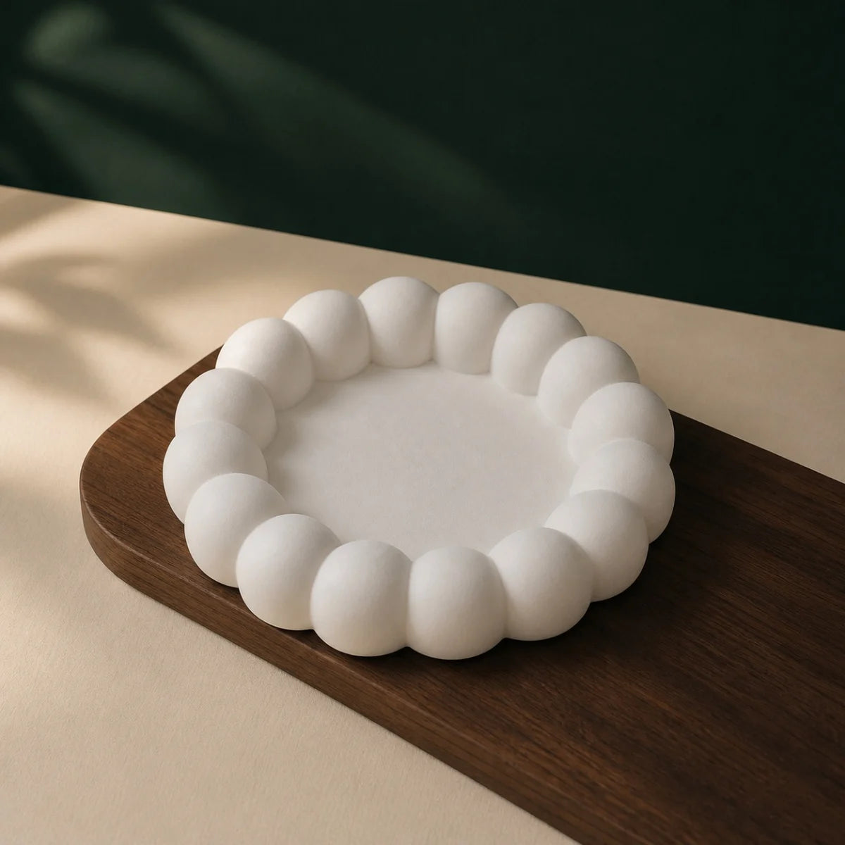 Round Bubble Trinket Tray — handmade plaster of paris jewellery tray in warm white, cast in India