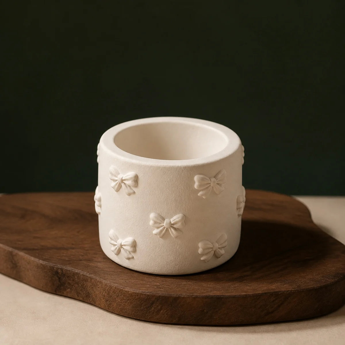 Bow-Detail Organizer Cup — handmade plaster of paris desk and vanity organizer in warm white