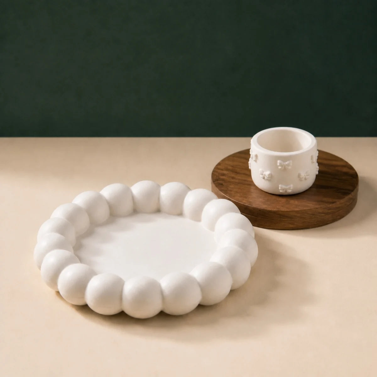 Bubble Tray and Bow Holder Set — handmade plaster of paris trinket tray and organizer cup in warm white