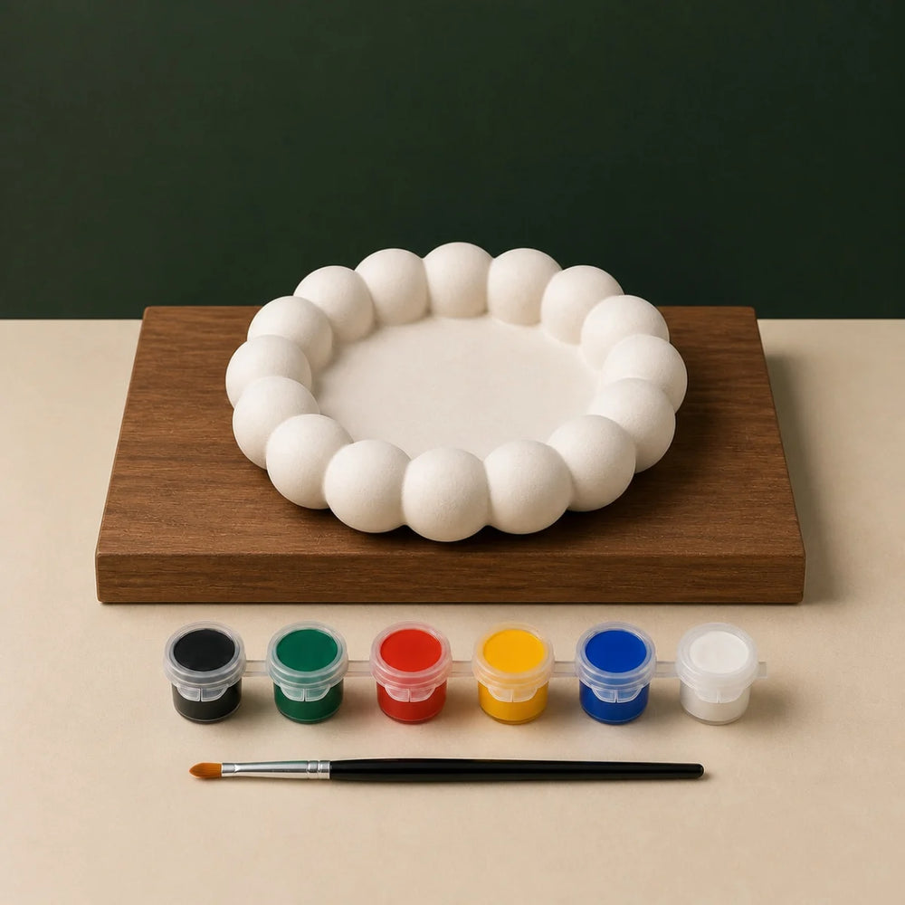 Bubble Trinket Tray DIY plaster of paris painting kit for kids — unpainted pieces with six paint colours and a brush