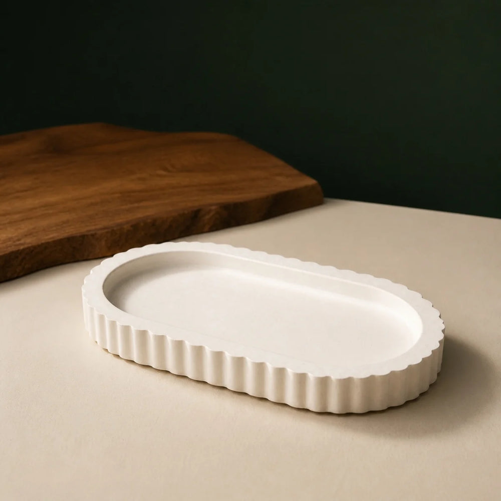 Scalloped Oval Trinket Tray — handmade plaster of paris jewellery tray in warm white, cast in India