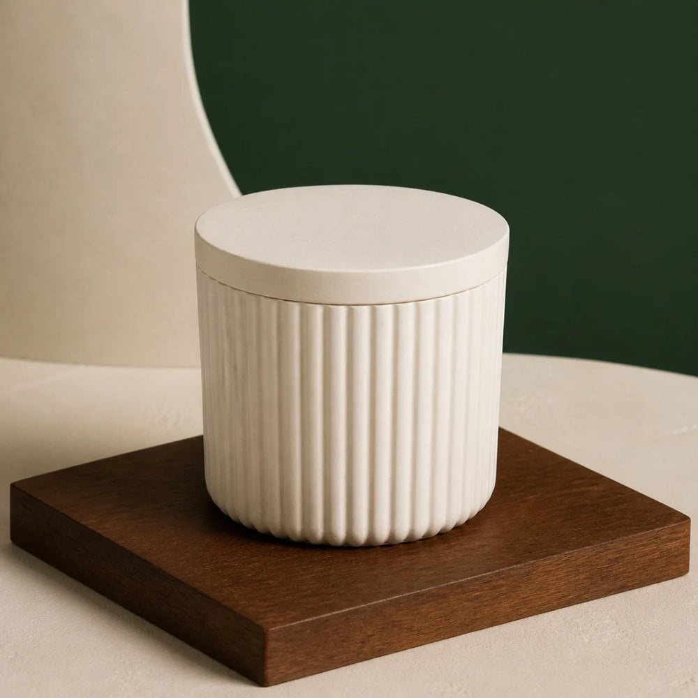 Ribbed Lidded Organizer Jar — handmade plaster of paris jar with lid in warm white
