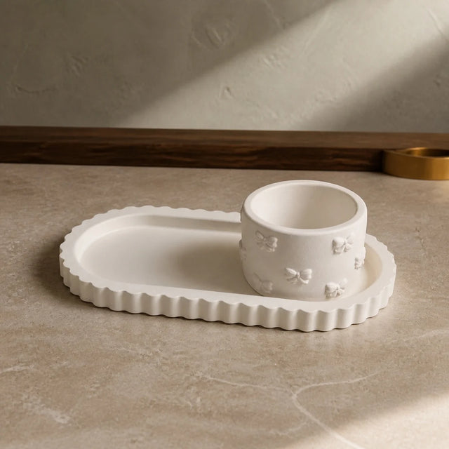 Oval Tray and Bow Holder Set — Handmade Plaster of Paris