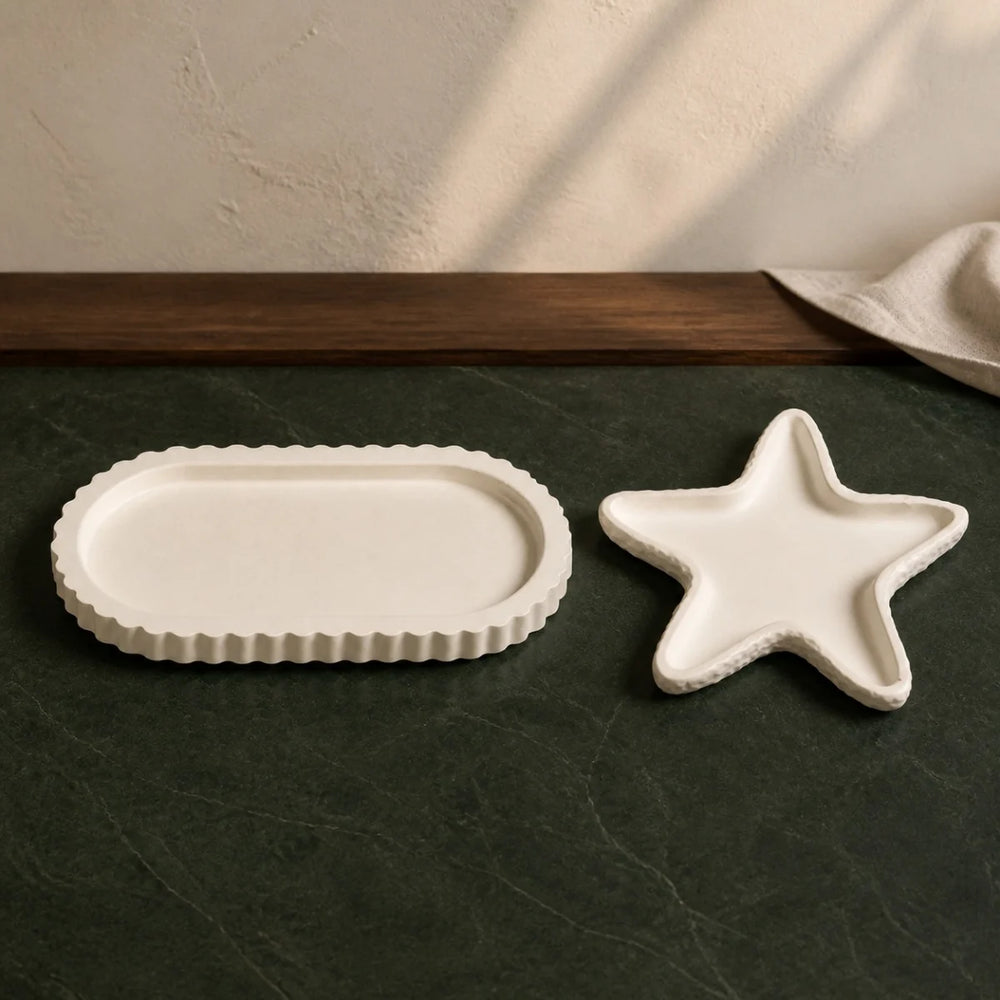 Oval and Starfish Tray Set — two handmade plaster of paris trinket trays in warm white