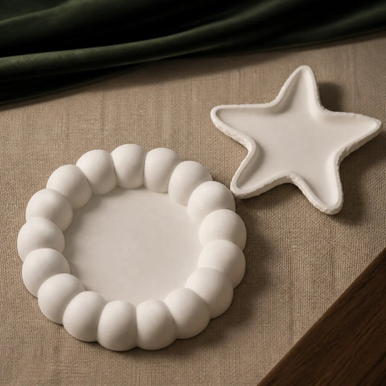 Bubble and Starfish Tray Set — two handmade plaster of paris trinket trays in warm white