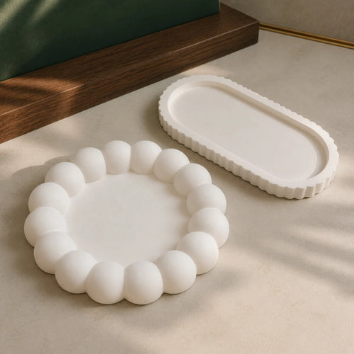 Bubble and Oval Tray Set — two handmade plaster of paris trinket trays in warm white