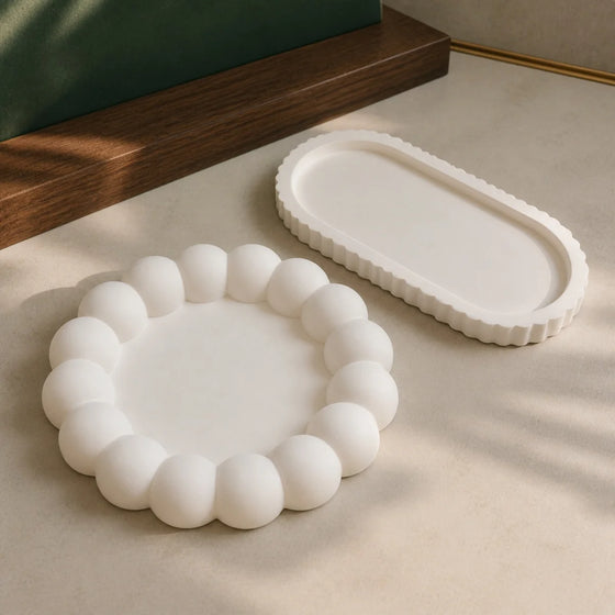 Bubble and Oval Tray Set — two handmade plaster of paris trinket trays in warm white