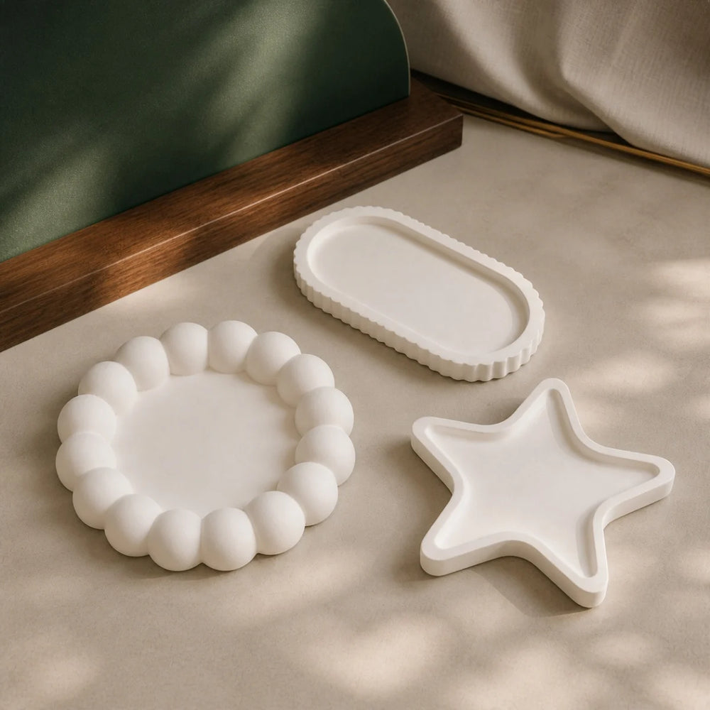 Bubble Oval and Starfish 3-Tray Set — three handmade plaster of paris trinket trays in warm white
