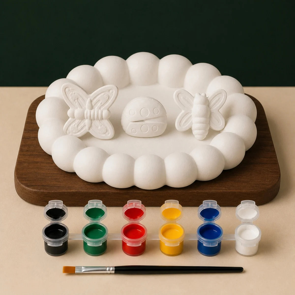 Bubble Tray Nature Trio DIY plaster of paris painting kit for kids — unpainted pieces with six paint colours and a brush