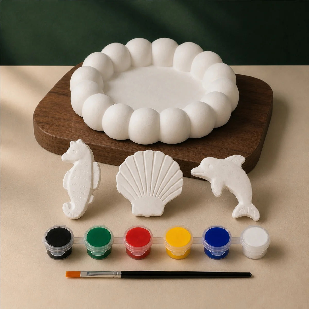 Bubble Tray Sea Trio DIY plaster of paris painting kit for kids — unpainted pieces with six paint colours and a brush