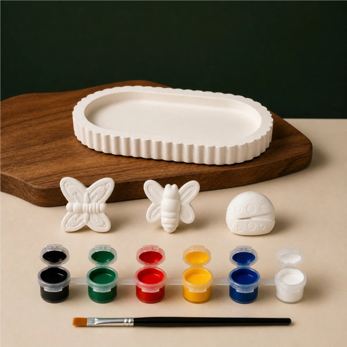 Oval Tray Nature Trio DIY plaster of paris painting kit for kids — unpainted pieces with six paint colours and a brush