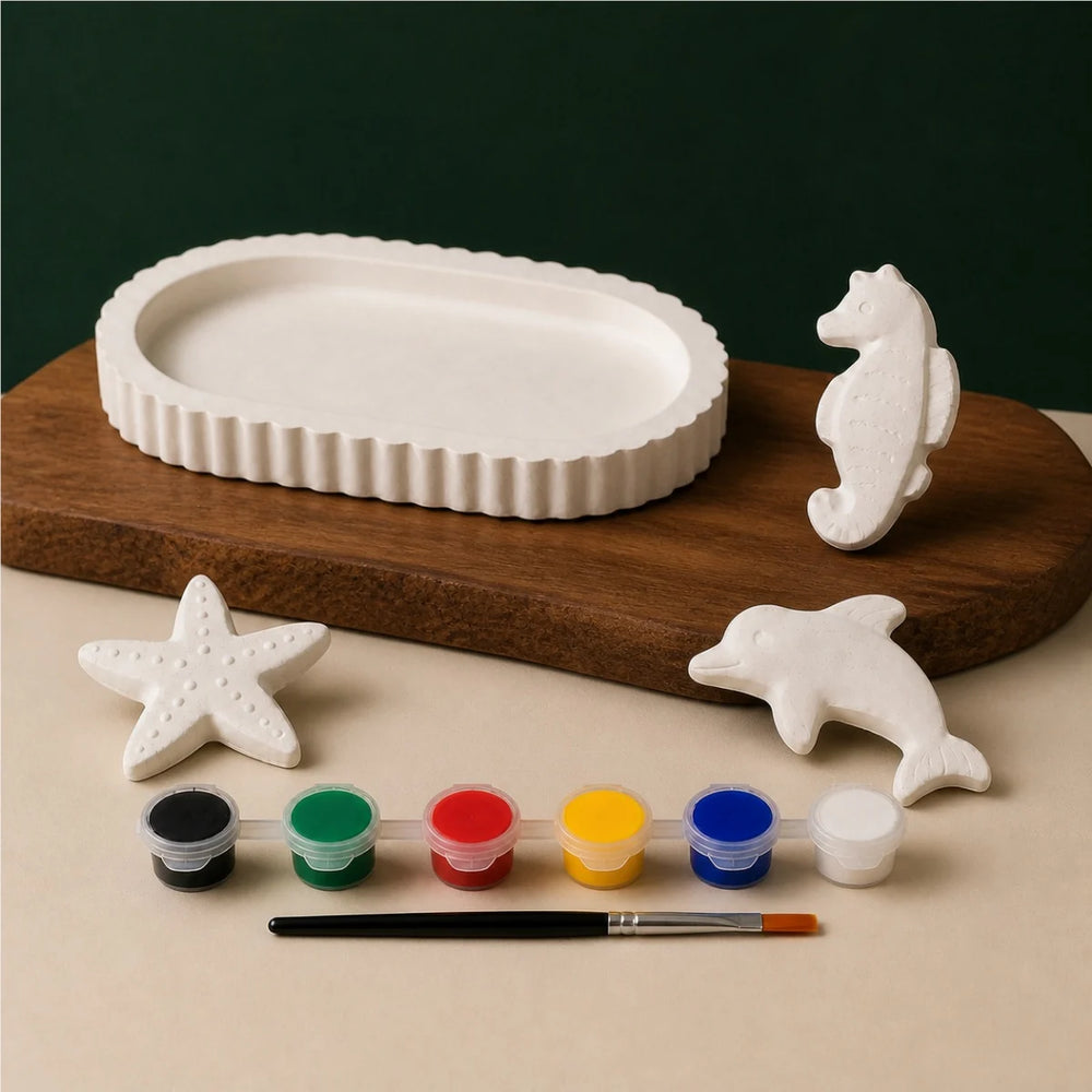 Oval Tray Sea Trio DIY plaster of paris painting kit for kids — unpainted pieces with six paint colours and a brush