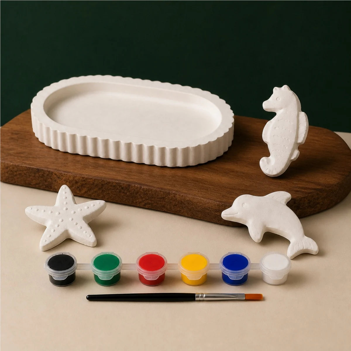 Oval Tray Sea Trio DIY plaster of paris painting kit for kids — unpainted pieces with six paint colours and a brush