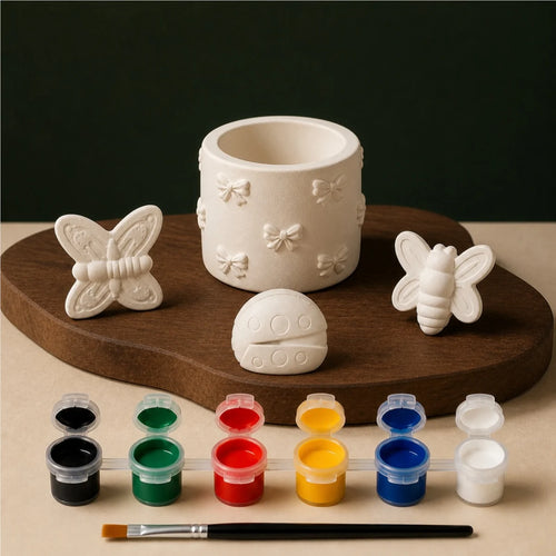 Bow Holder Nature Trio DIY plaster of paris painting kit for kids — unpainted pieces with six paint colours and a brush