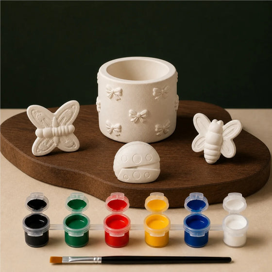 Bow Holder Nature Trio DIY plaster of paris painting kit for kids — unpainted pieces with six paint colours and a brush