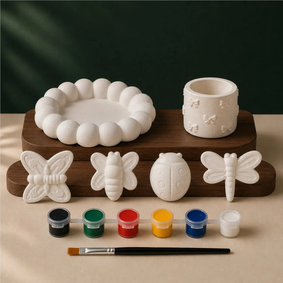 Bubble Bow Nature Four DIY plaster of paris painting kit for kids — unpainted pieces with six paint colours and a brush