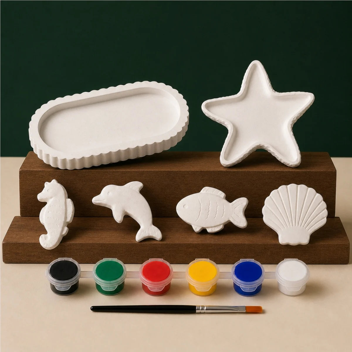 Oval Starfish Sea Four DIY plaster of paris painting kit for kids — unpainted pieces with six paint colours and a brush