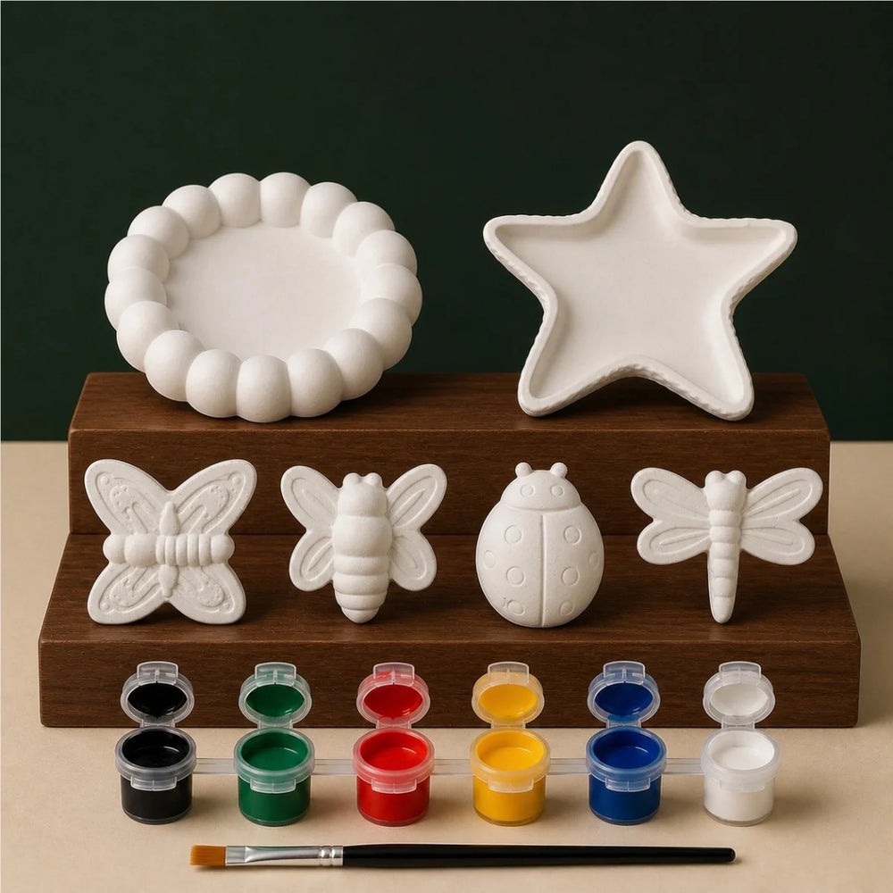 Bubble Starfish Nature Four DIY plaster of paris painting kit for kids — unpainted pieces with six paint colours and a brush