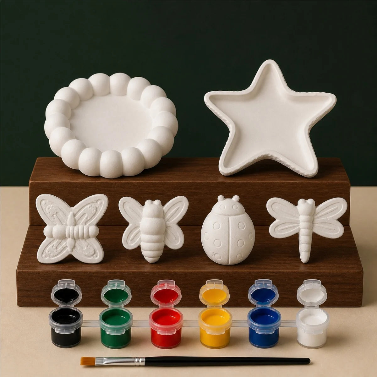 Bubble Starfish Nature Four DIY plaster of paris painting kit for kids — unpainted pieces with six paint colours and a brush